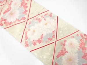 菱に牡丹・菊模様織り出し　袋帯